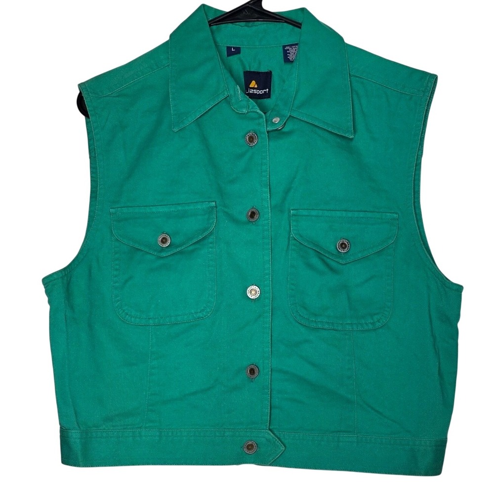 Lizsport Vintage 90s Green Denim Vest Women Size L Cotton Cropped Trucker Vest